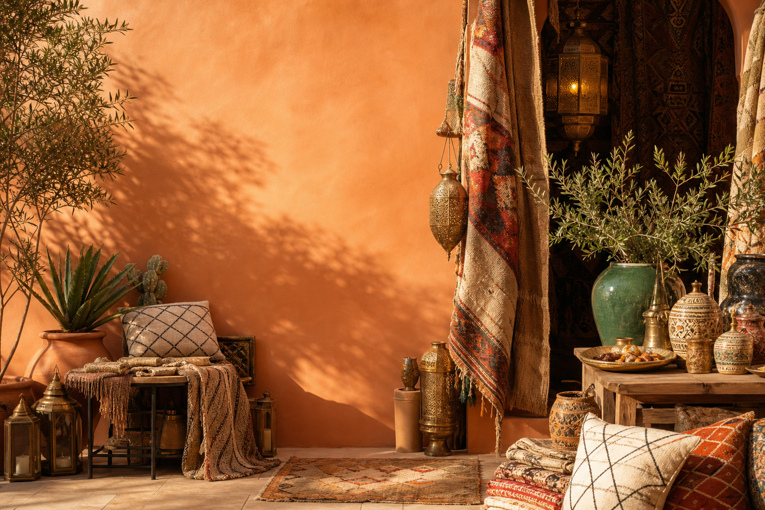 Warm Moroccan courtyard with textiles, brass, ceramics, and sunlit terracotta textures